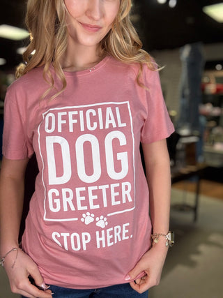 Official Dog Greeter T-Shirt – Coral – model photo