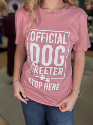 Official Dog Greeter T-Shirt – Coral – model photo