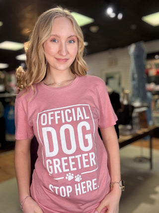 Official Dog Greeter T-Shirt – Coral – model photo