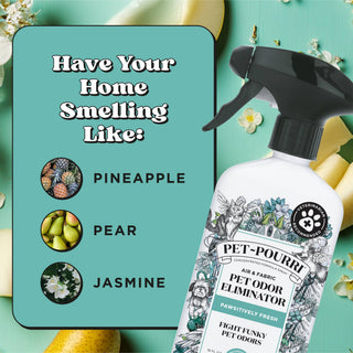 Pet odor eliminator spray bottle with black trigger sprayer; Pineapple, Pear, Jasmine