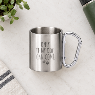 Fetching Carabiner Mug flat lay with stainless steel finish and carabiner handle