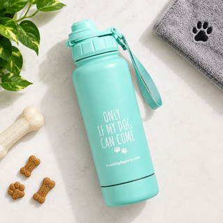 Fetching stainless steel water bottle with storage compartment and wrist strap, flat lay