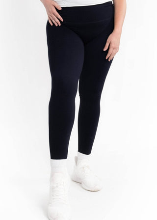 Navy fleece-lined curvy leggings, full-length with smooth waistband, front view