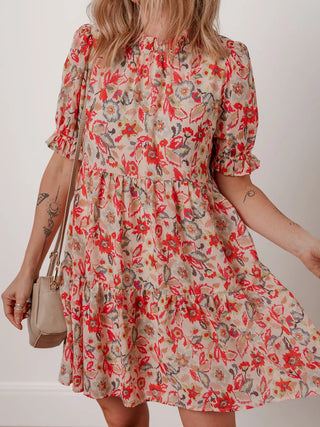 Floral Print Frilled Neck Puff Sleeve High Waist Dress - Just Believe Boutique