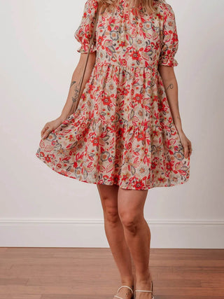 Floral Print Frilled Neck Puff Sleeve High Waist Dress - Just Believe Boutique