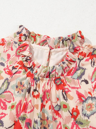 Floral Print Frilled Neck Puff Sleeve High Waist Dress - Just Believe Boutique