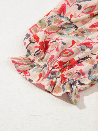 Floral Print Frilled Neck Puff Sleeve High Waist Dress - Just Believe Boutique