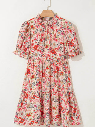 Floral Print Frilled Neck Puff Sleeve High Waist Dress - Just Believe Boutique