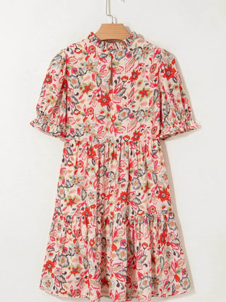 Floral Print Frilled Neck Puff Sleeve High Waist Dress - Just Believe Boutique