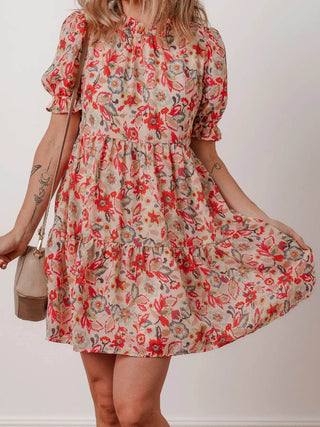 Floral Print Frilled Neck Puff Sleeve High Waist Dress - Just Believe Boutique