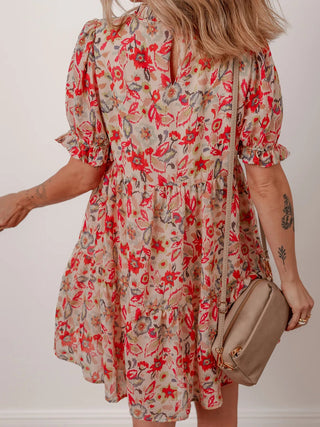 Floral Print Frilled Neck Puff Sleeve High Waist Dress - Just Believe Boutique