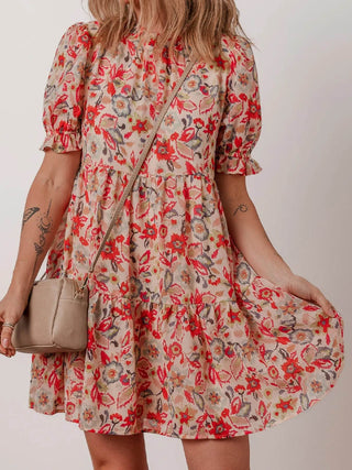 Floral Print Frilled Neck Puff Sleeve High Waist Dress - Just Believe Boutique