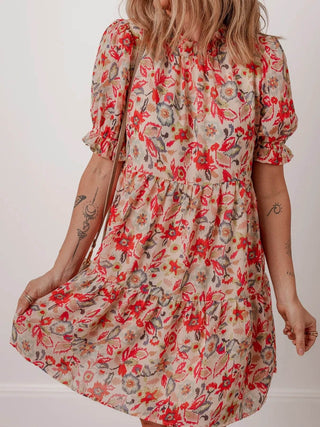 Floral Print Frilled Neck Puff Sleeve High Waist Dress - Just Believe Boutique