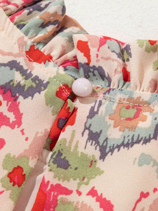 Floral Print Frilled Neck Puff Sleeve High Waist Dress - Just Believe Boutique
