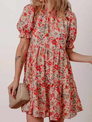 Floral Print Frilled Neck Puff Sleeve High Waist Dress - Just Believe Boutique