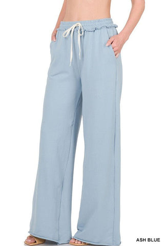 French Terry Drawstring Waist Raw Edge Hem Pants - Just Believe Boutique