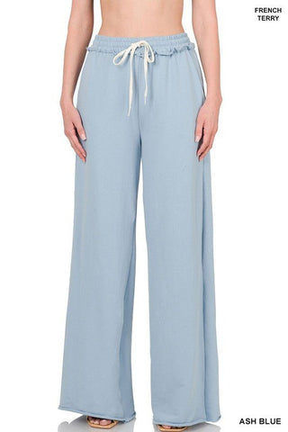 French Terry Drawstring Waist Raw Edge Hem Pants - Just Believe Boutique
