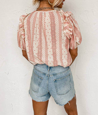 Frilled Short Puff Sleeve Mixed Print Blouse - Just Believe Boutique
