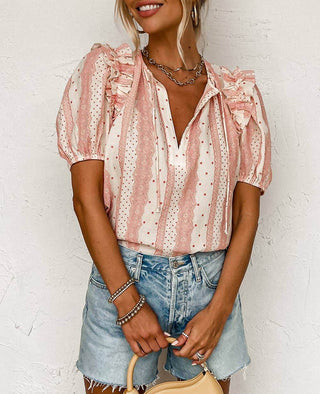 Frilled Short Puff Sleeve Mixed Print Blouse - Just Believe Boutique