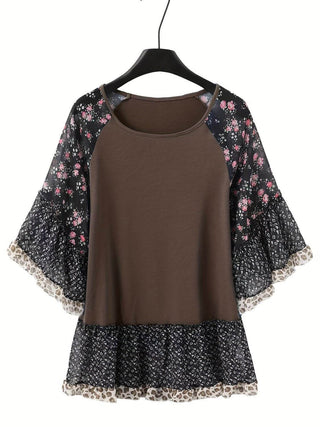 Full Size Frill Printed Round Neck Half Sleeve Blouse - Just Believe Boutique