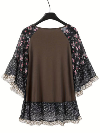 Full Size Frill Printed Round Neck Half Sleeve Blouse - Just Believe Boutique
