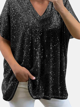 Full Size Sequin V-Neck Short Sleeve Top - Just Believe Boutique