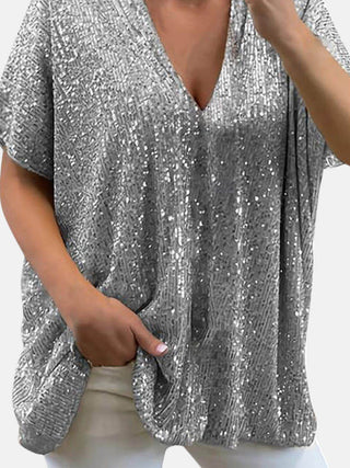 Full Size Sequin V-Neck Short Sleeve Top - Just Believe Boutique