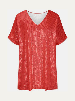 Full Size Sequin V-Neck Short Sleeve Top - Just Believe Boutique