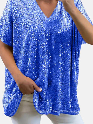 Full Size Sequin V-Neck Short Sleeve Top - Just Believe Boutique