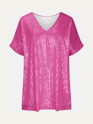Full Size Sequin V-Neck Short Sleeve Top - Just Believe Boutique