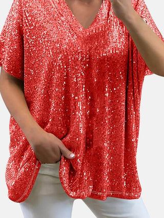 Full Size Sequin V-Neck Short Sleeve Top - Just Believe Boutique
