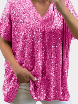 Full Size Sequin V-Neck Short Sleeve Top - Just Believe Boutique