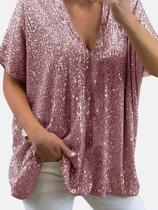 Full Size Sequin V-Neck Short Sleeve Top - Just Believe Boutique