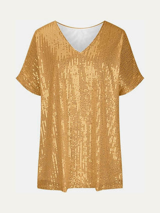 Full Size Sequin V-Neck Short Sleeve Top - Just Believe Boutique