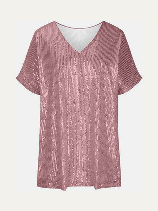 Full Size Sequin V-Neck Short Sleeve Top - Just Believe Boutique