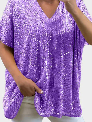 Full Size Sequin V-Neck Short Sleeve Top - Just Believe Boutique