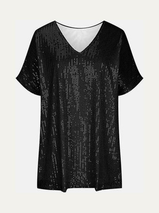 Full Size Sequin V-Neck Short Sleeve Top - Just Believe Boutique