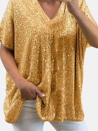 Full Size Sequin V-Neck Short Sleeve Top - Just Believe Boutique