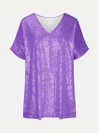 Full Size Sequin V-Neck Short Sleeve Top - Just Believe Boutique