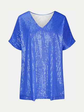 Full Size Sequin V-Neck Short Sleeve Top - Just Believe Boutique