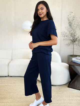 Full Size Texture Short Sleeve Top and Pants Set - Just Believe Boutique