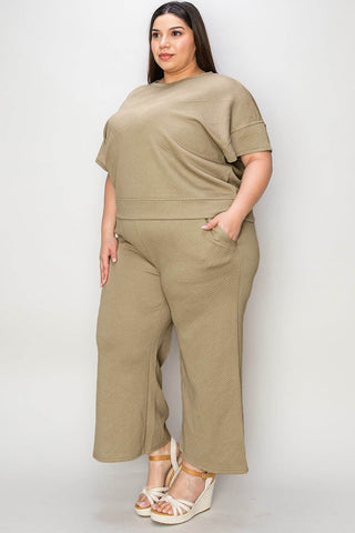 Full Size Texture Short Sleeve Top and Pants Set - Just Believe Boutique