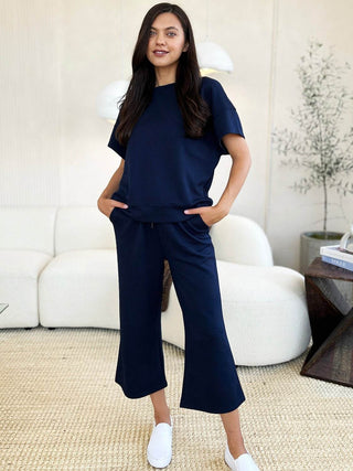 Full Size Texture Short Sleeve Top and Pants Set - Just Believe Boutique
