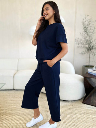 Full Size Texture Short Sleeve Top and Pants Set - Just Believe Boutique
