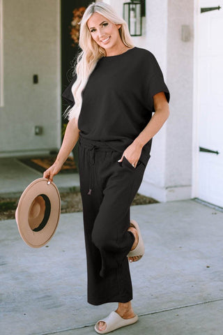 Full Size Texture Short Sleeve Top and Pants Set - Just Believe Boutique