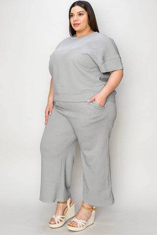 Full Size Texture Short Sleeve Top and Pants Set - Just Believe Boutique