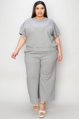 Full Size Texture Short Sleeve Top and Pants Set - Just Believe Boutique