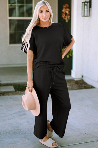 Full Size Texture Short Sleeve Top and Pants Set - Just Believe Boutique