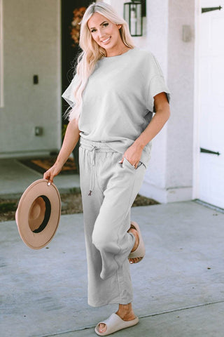 Full Size Texture Short Sleeve Top and Pants Set - Just Believe Boutique