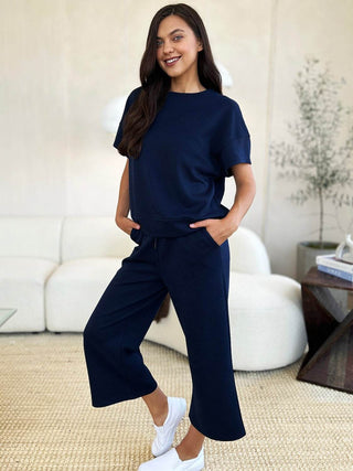 Full Size Texture Short Sleeve Top and Pants Set - Just Believe Boutique
